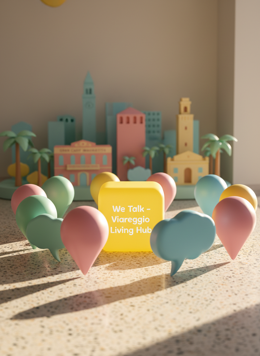 A playful cluster of oversized, pastel-colored location pins and speech bubbles made from glossy, rounded plastic, arranged in a loose circle on a sunlit terrazzo floor. In the center sits a bright yellow, rounded cube sign printed with the words “We Talk – Viareggio Living Hub” in friendly, curved lettering. Behind it, a whimsical, simplified cityscape of Viareggio appears as miniature, brightly painted buildings and palm trees, softly out of focus. Late afternoon natural light streams in from the right, casting gentle, curved shadows and soft reflections. Shot at eye level with a shallow depth of field, the composition feels open and inviting. The mood is energetic and optimistic, in a photographic, vibrant style with clean, modern lines and a playful atmosphere.