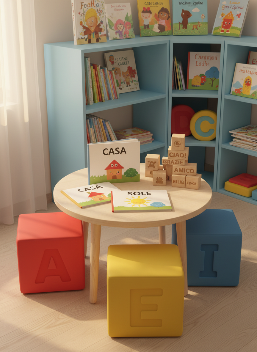 A whimsical children’s language corner featuring a small, round, low table in pale wood, surrounded by three chunky, brightly colored foam stools shaped like oversized letters. On the table, open picture books show simple Italian words next to friendly illustrations of everyday objects, alongside a set of smooth wooden blocks printed with basic Italian phrases. Behind the table, a curved, sky-blue bookshelf with rounded compartments holds neatly arranged storybooks and soft, plush alphabet cushions. Sunlight from a large off-frame window washes the scene in a soft, cheerful glow, creating gentle, diffused shadows. Photographed at child-height with a slight angle, the composition feels intimate and playful. The photographic realism, saturated colors, and rounded forms create a joyful, safe, and inviting atmosphere perfect for young learners.