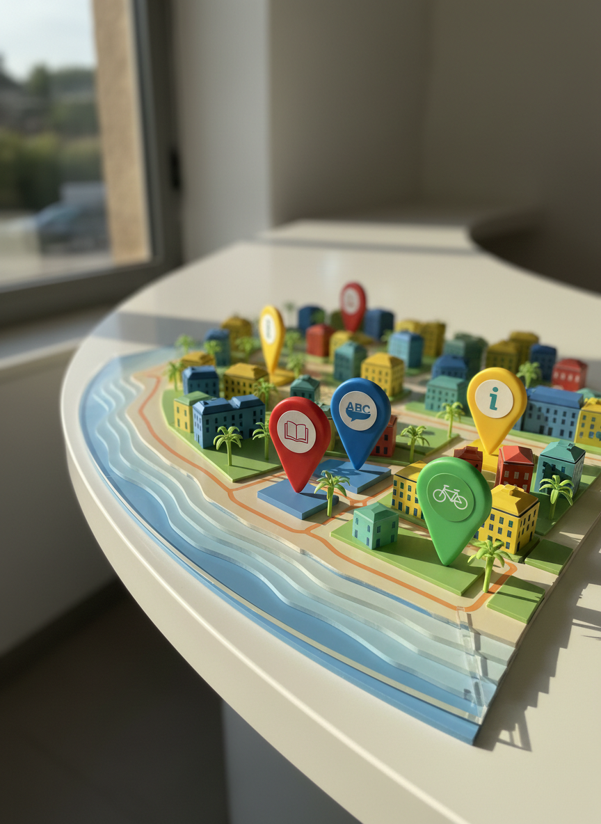 A modern, playful map of Viareggio spread across a curved white counter, rendered as a three-dimensional miniature city with colorful, simplified buildings, palm-lined streets, and a stylized seafront. Rounded, glossy markers in bright primary colors highlight key community spots like libraries, language schools, and public offices, each topped with tiny, friendly icons. A curving translucent acrylic overlay shows walking paths and bike routes in smooth, wavy lines. Late afternoon sunlight from a nearby window casts long, soft shadows of the miniature buildings, enhancing the sense of depth. Captured from a slightly elevated three-quarter angle with selective focus on the central hub marker, the photographic style emphasizes clarity, vibrancy, and a sense of exploration, making local orientation feel exciting and approachable.