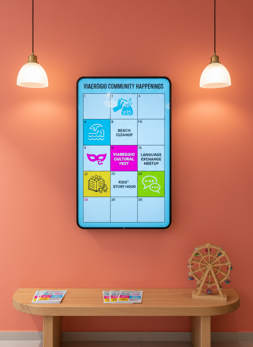An inviting events board in a community hub lounge, featuring a large, rounded-edge digital screen mounted on a smooth, coral-colored wall. The screen displays a vibrant monthly calendar of local events in Viareggio, with playful icons for beach cleanups, cultural festivals, children’s story hours, and conversation meetups, all in bright, saturated colors. Below, a low, curved wooden bench holds neatly stacked, glossy flyers and a small model of a Ferris wheel referencing nearby seaside attractions. Soft overhead pendant lights with frosted glass domes cast a warm, even glow, creating gentle reflections on the screen surface. Photographed straight on with balanced composition and sharp detail, the mood is energetic and social, evoking a dynamic, photographic realism with whimsical touches and a clear focus on community connection.