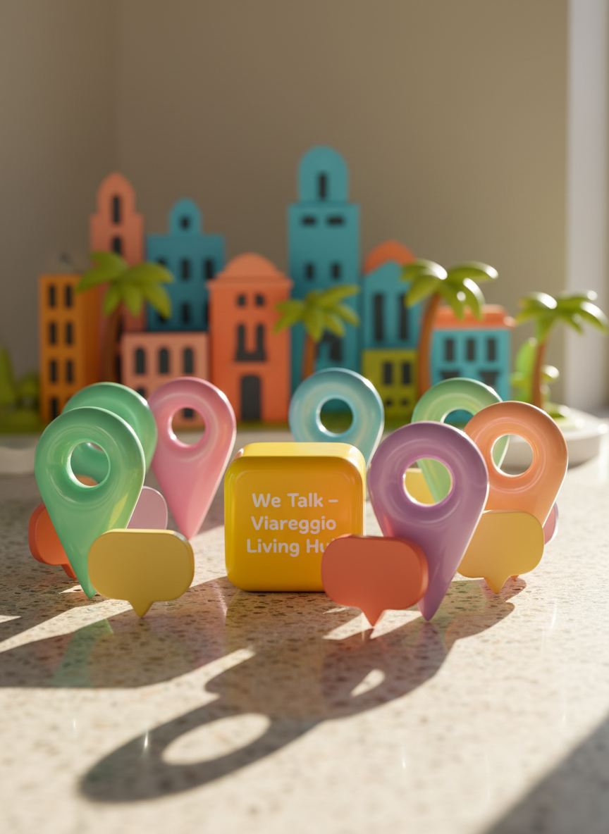 A playful cluster of oversized, pastel-colored location pins and speech bubbles made from glossy, rounded plastic, arranged in a loose circle on a sunlit terrazzo floor. In the center sits a bright yellow, rounded cube sign printed with the words “We Talk – Viareggio Living Hub” in friendly, curved lettering. Behind it, a whimsical, simplified cityscape of Viareggio appears as miniature, brightly painted buildings and palm trees, softly out of focus. Late afternoon natural light streams in from the right, casting gentle, curved shadows and soft reflections. Shot at eye level with a shallow depth of field, the composition feels open and inviting. The mood is energetic and optimistic, in a photographic, vibrant style with clean, modern lines and a playful atmosphere.