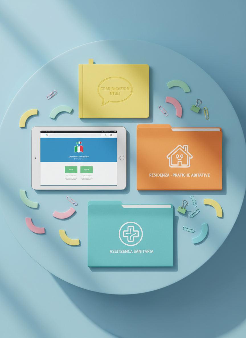 A playful administrative “toolkit” still life arranged on a smooth, sky-blue round table: a rounded white tablet showing a simplified Italian government website, a bright orange folder stamped with a friendly house icon for residency paperwork, a teal folder with a stylized healthcare cross, and a sunny yellow notebook embossed with a cartoon speech bubble. Curved, color-coded sticky notes and paper clips in soft, candy-like hues are scattered in a controlled, rhythmic pattern. Soft window light from the left creates subtle highlights on the tablet screen and a gentle gradient of shadows across the table. Shot from directly above in a flat-lay composition, every object is crisply defined. The photographic style is clean and modern with bright, optimistic colors, conveying that bureaucracy can be approachable, organized, and even a bit fun.