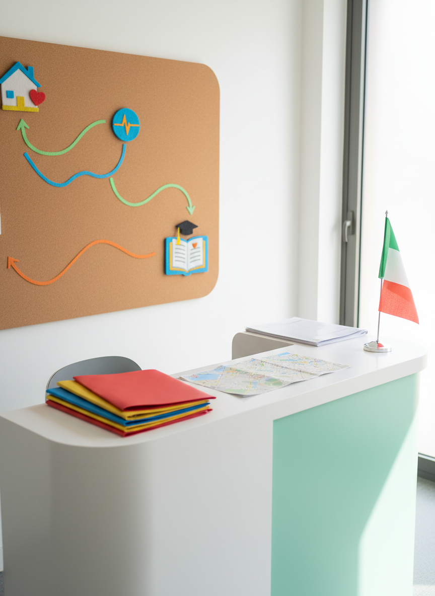 A cozy, modern information corner featuring a curved white reception desk with rounded edges and a mint-green front panel, covered with neatly arranged colorful folders, city maps, and a small Italian flag in a minimalist stand. Behind the desk, a large corkboard with rounded corners displays playful, brightly colored icons representing housing, healthcare, and school paperwork, connected by wavy lines. Soft, diffused daylight enters from a high side window, creating a bright, welcoming glow and gentle shadows under the desk. Photographed from a slightly elevated angle with sharp focus throughout, the layout feels organized yet whimsical. The atmosphere is reassuring and practical, with photographic realism, bold pops of color, and an energetic, community-focused mood.