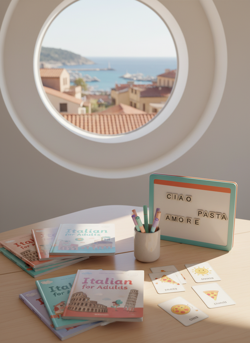 A cheerful language-learning table set in a bright, modern classroom with curved white walls and a large round window hinting at an Italian seaside town outside. On the light beechwood table sit stacks of colorful, rounded-edge workbooks labeled “Italian for Adults” and “Italian for Kids,” alongside magnetic letter tiles forming simple Italian words on a small, curved whiteboard. A cup filled with chunky, pastel markers and playful flashcards with simple illustrations adds to the lively scene. Morning sunlight pours in through the window, creating soft highlights on the glossy workbook covers and gentle shadows beneath the materials. Captured at a three-quarter angle with a shallow depth of field, the mood is fun, approachable, and slightly whimsical, in a bright, photographic style that emphasizes learning as joyful and accessible.